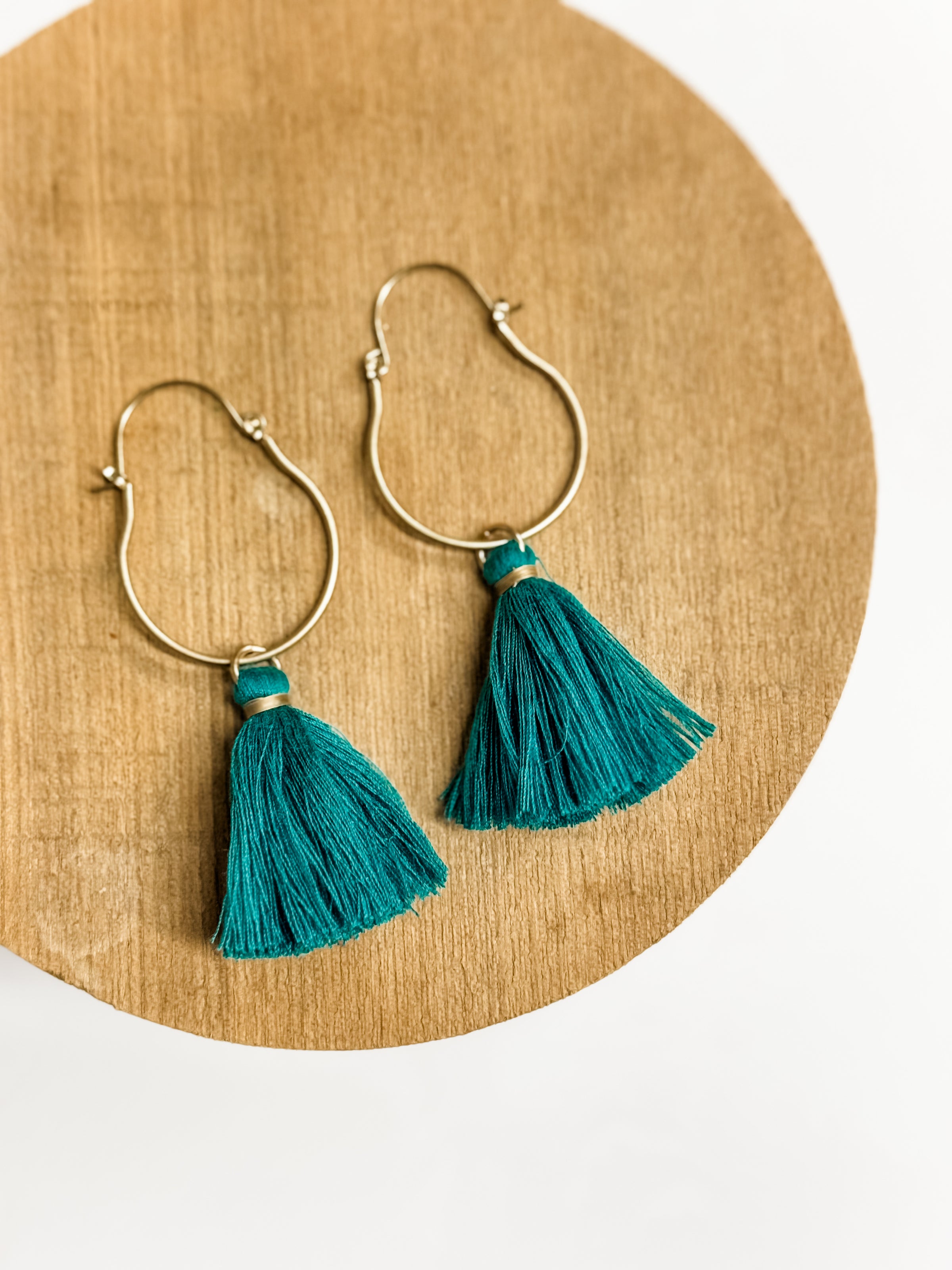Josephine Teal Tassel Hoop Earrings