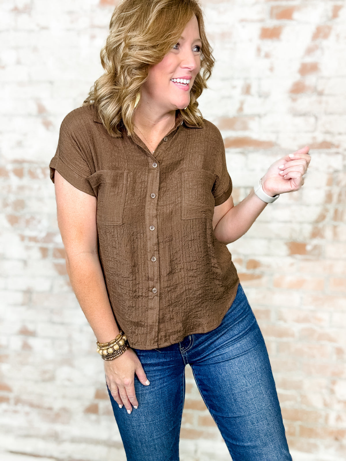 Burchett Crinkle Button Up Top