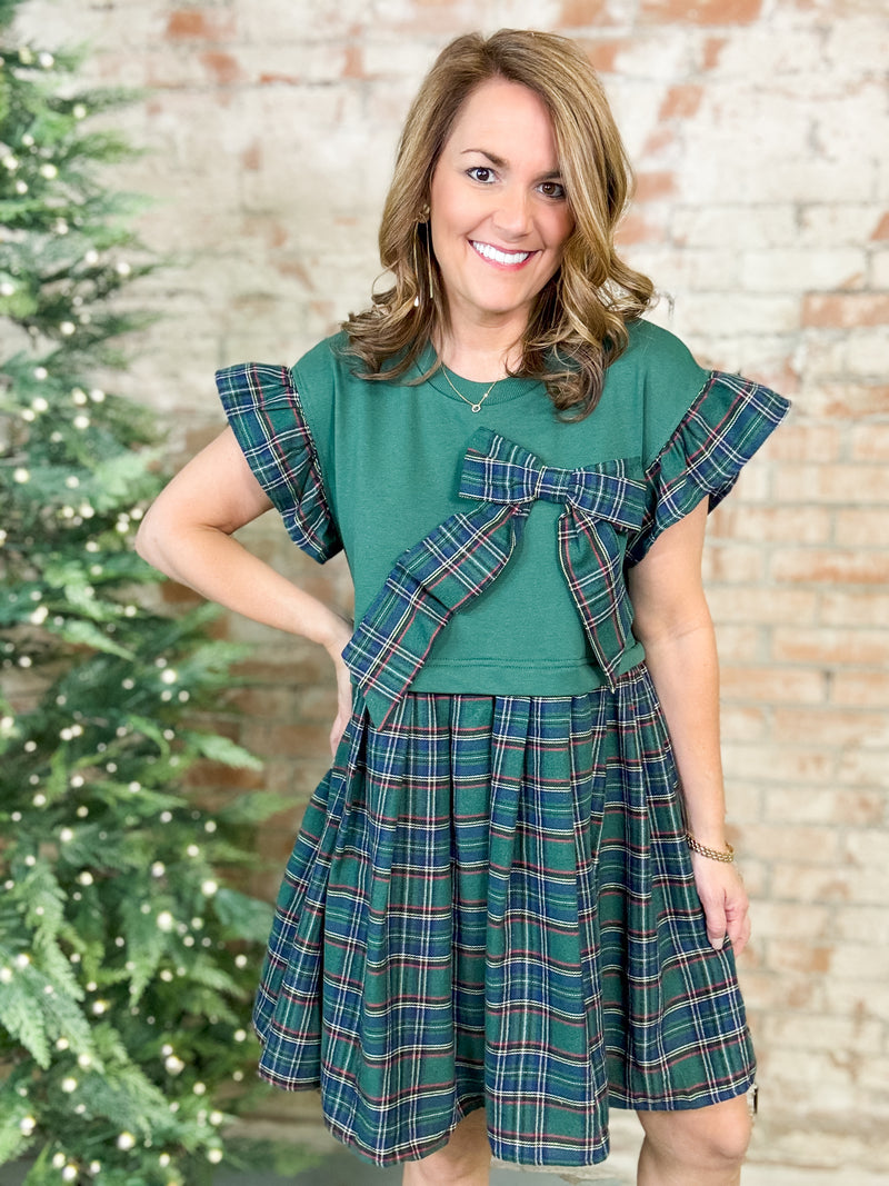 Carol Bow Plaid Flutter Sleeve Dress