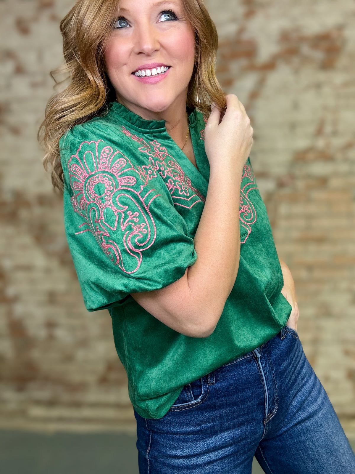 Shelton Embroidery Suede Top