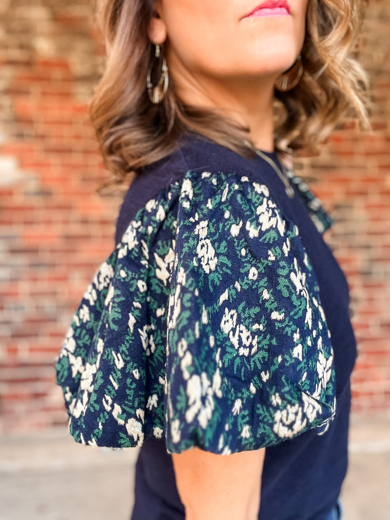 THML Navy Mixed Media Knit Top