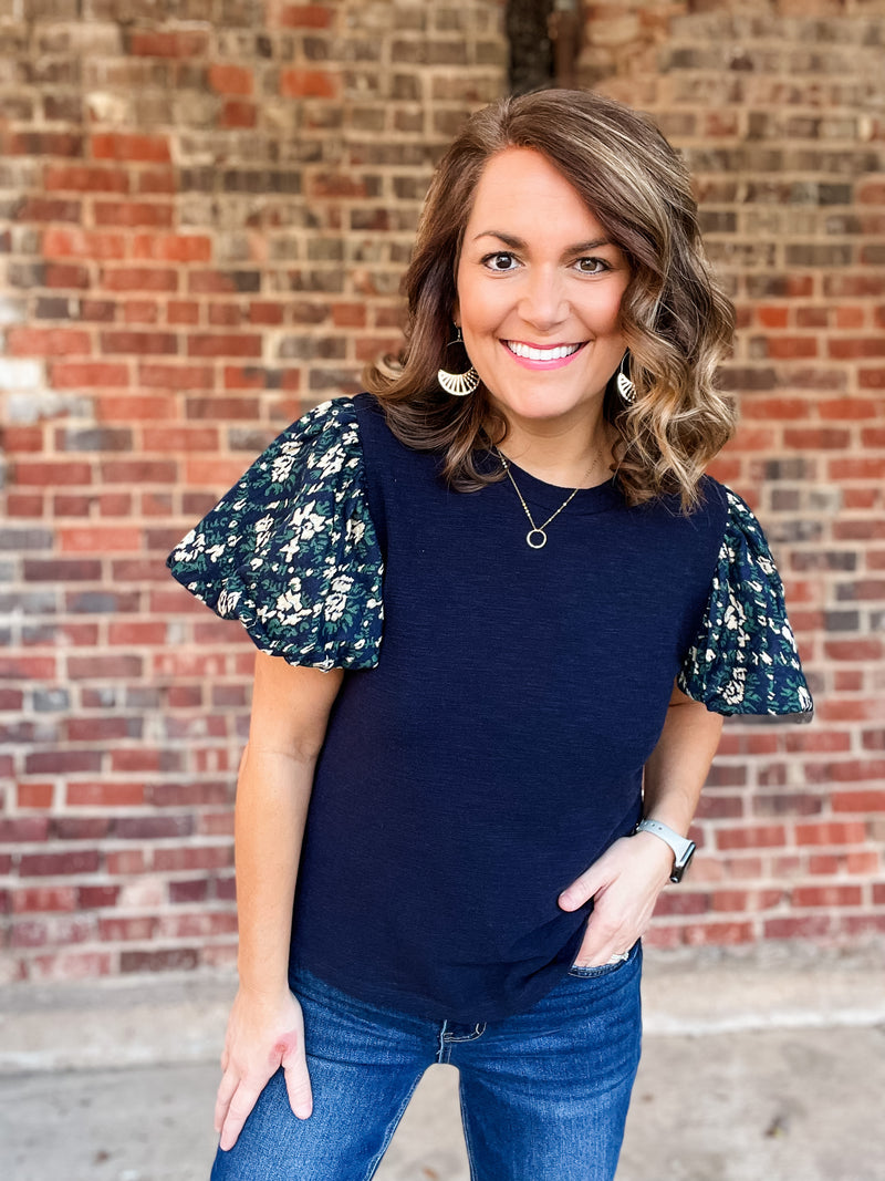 THML Navy Mixed Media Knit Top