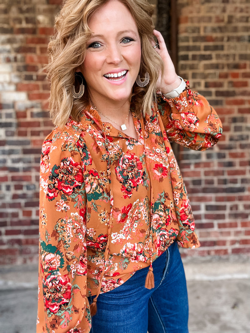 Camel Floral Smocked Shoulder Blouse