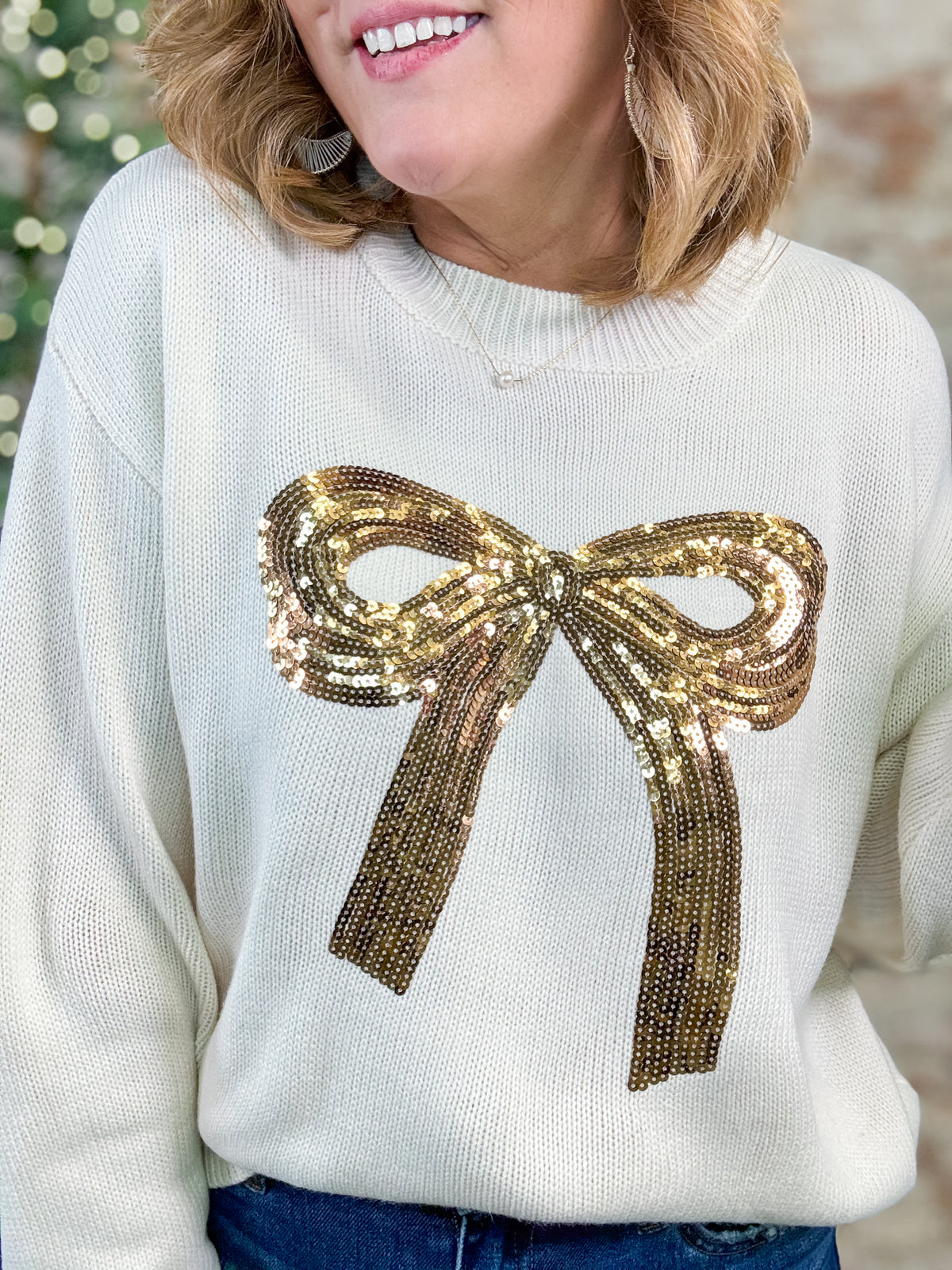 Prancer Sequin Gold Bow Sweater