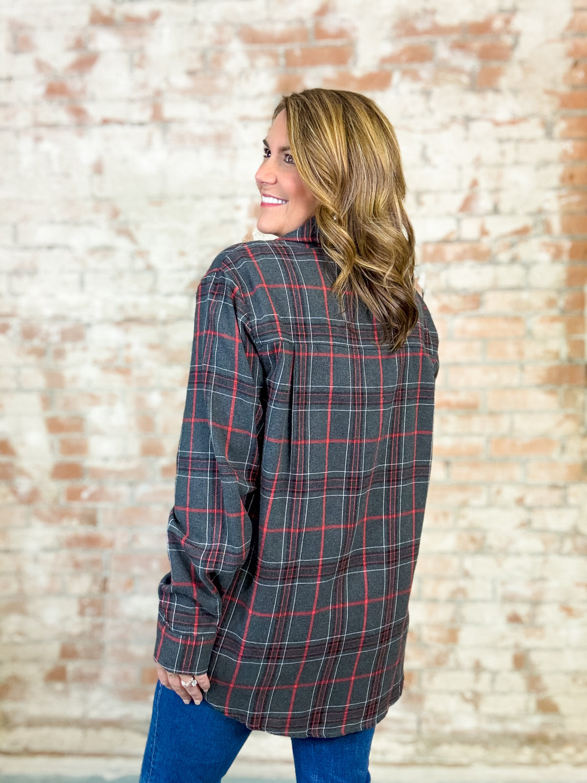 Lillian Grey Plaid Button Up Top