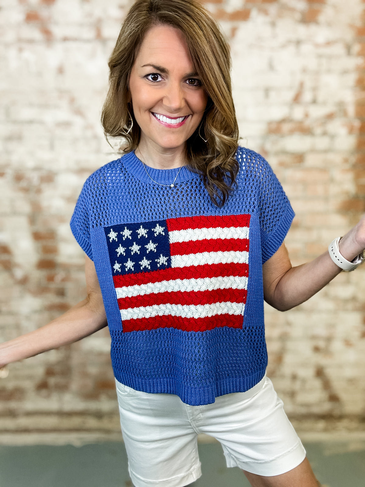 American Flag Open Stitch Top