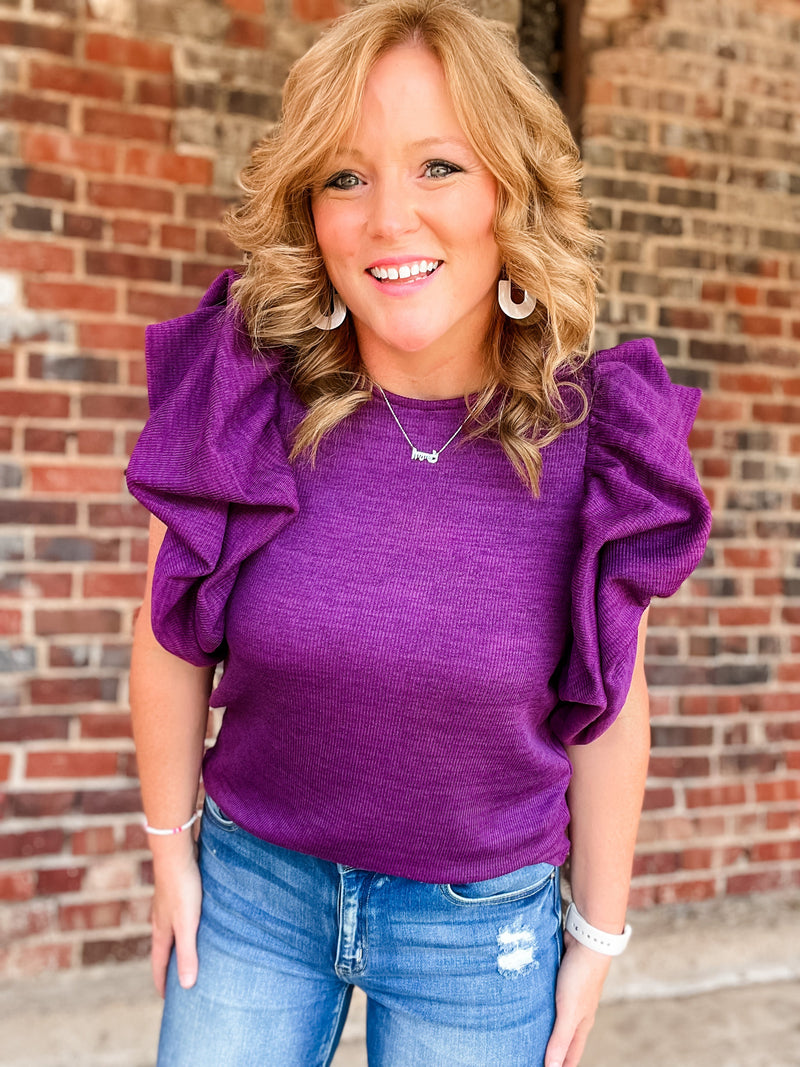 THML Knit Ruffle Puff Sleeve Top