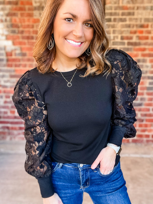 Black Floral Lace Sleeve Top