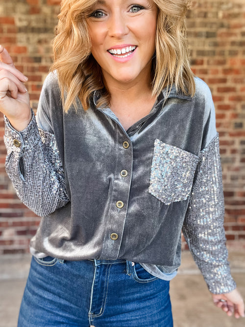 Gunmetal Velvet + Sequin Button Down Top
