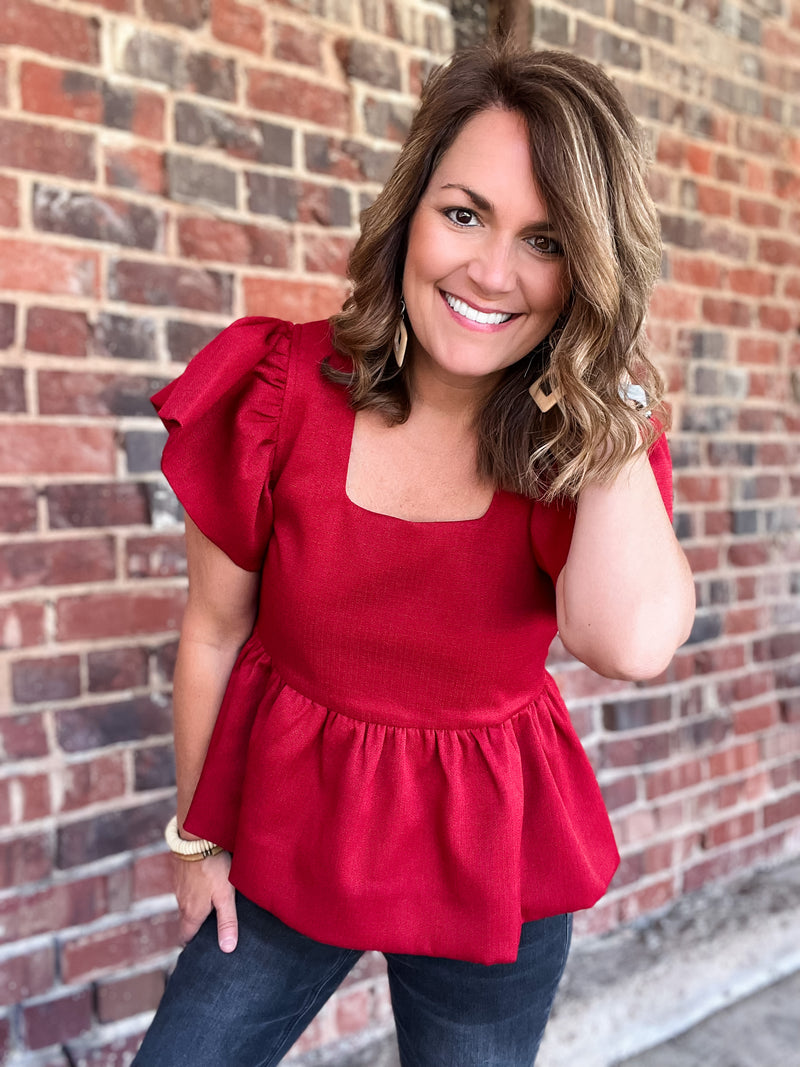 Textured Solid Square Neck Peplum Top