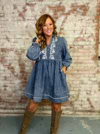 Nita Embroidered Denim Dress