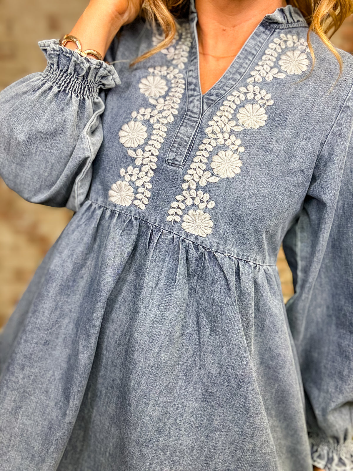 Nita Embroidered Denim Dress