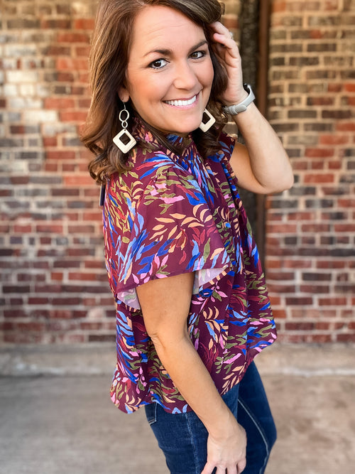 THML Multicolor Print Frill Mock Neck Top