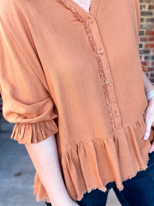 Camel Linen Ruffle Hem High Low Top