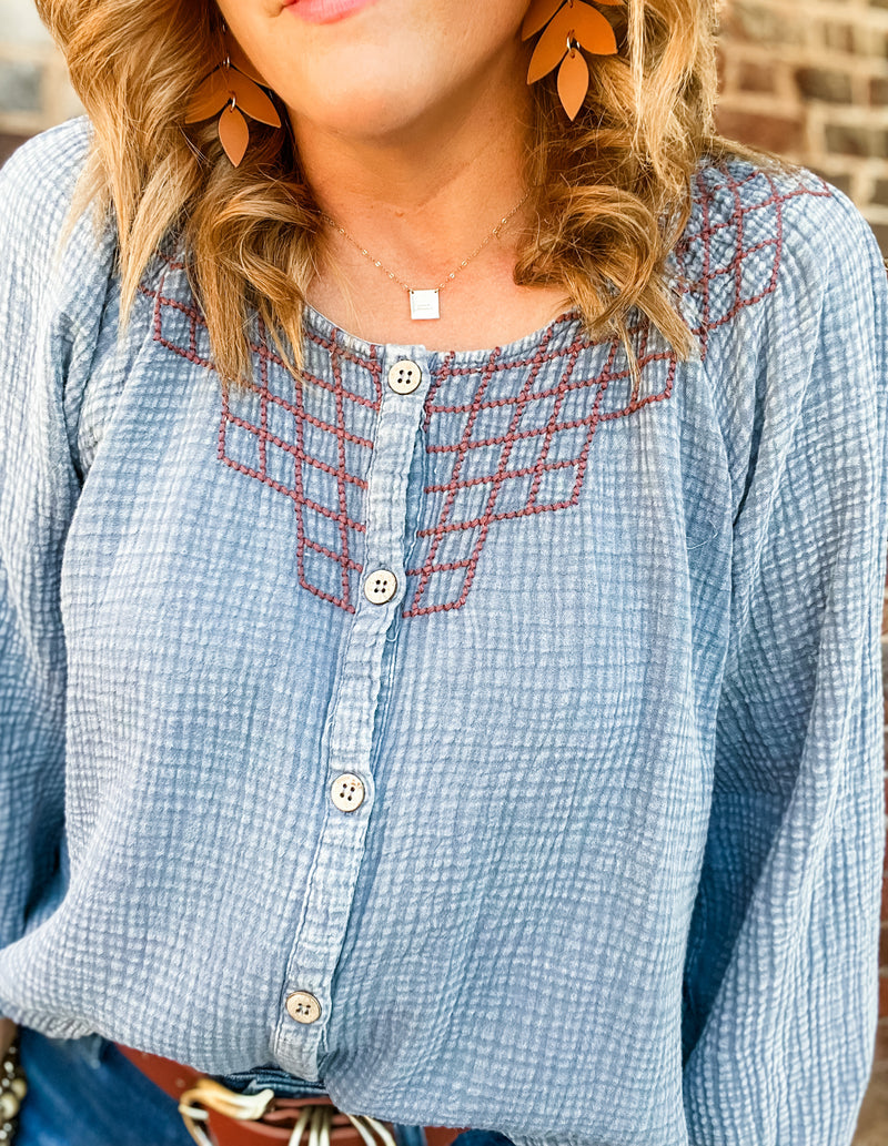 Washed Cotton Gauze Embroidered Top