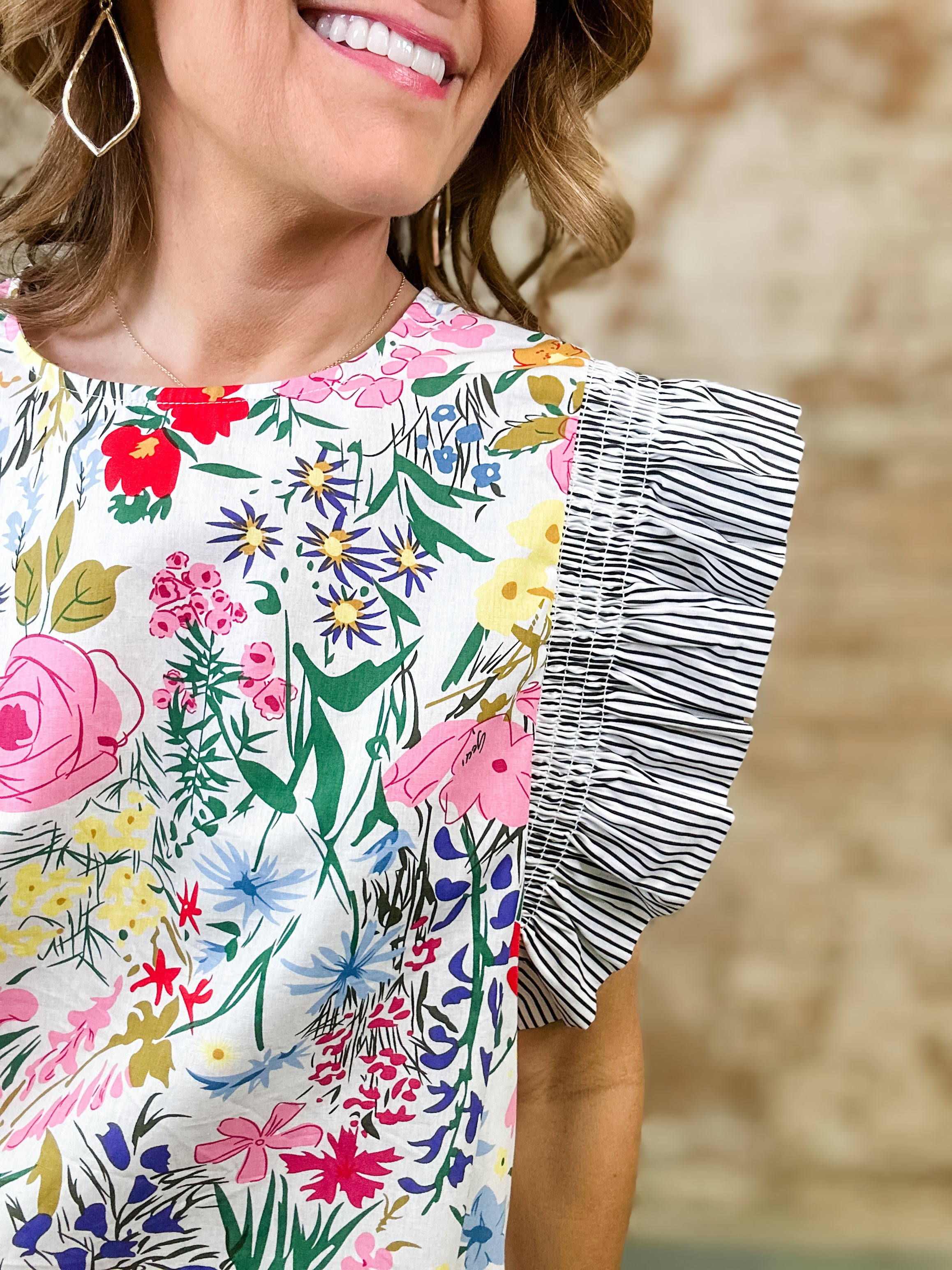 Lyndon Floral + Stripe Ruffly Top