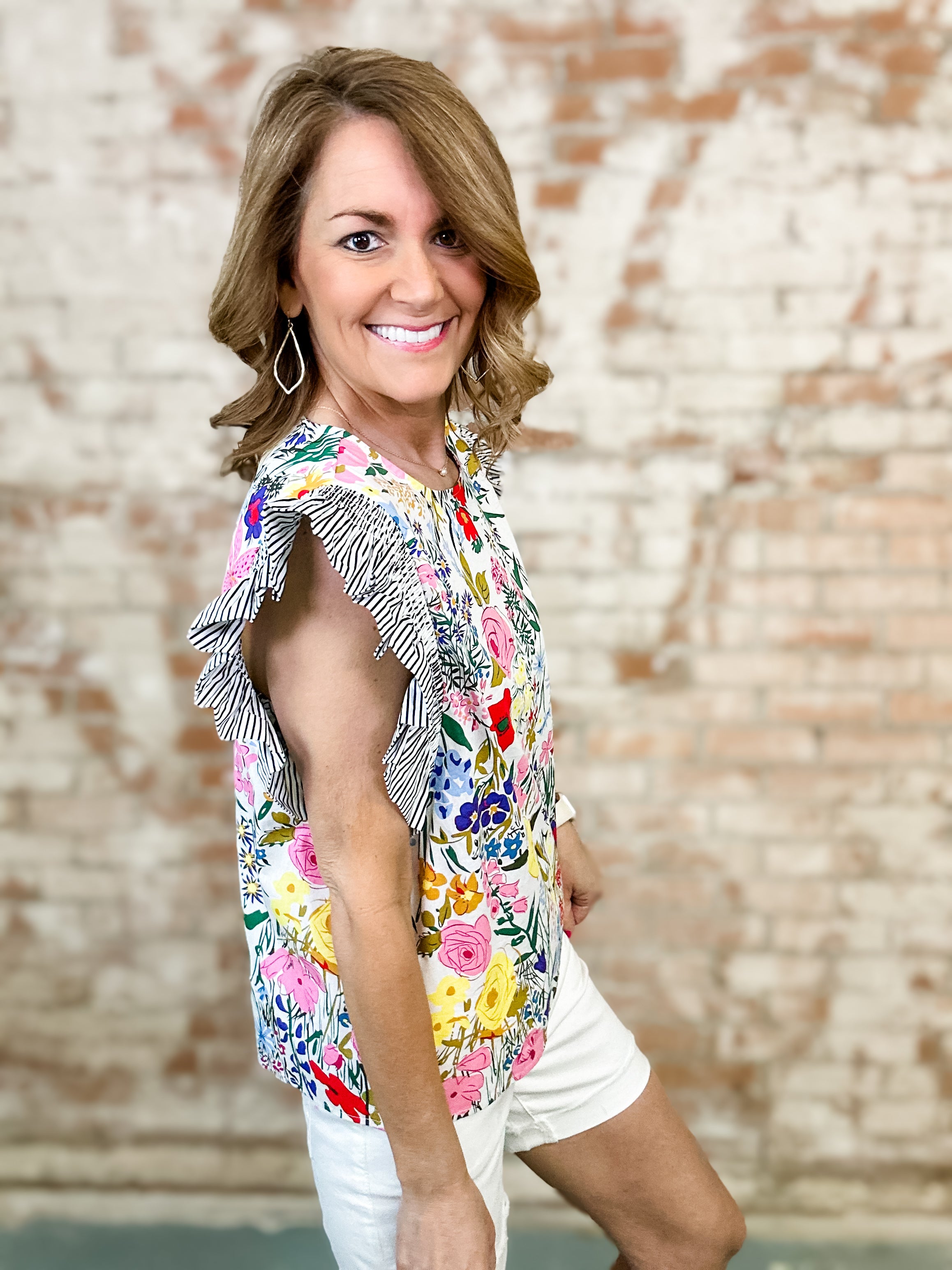Lyndon Floral + Stripe Ruffly Top