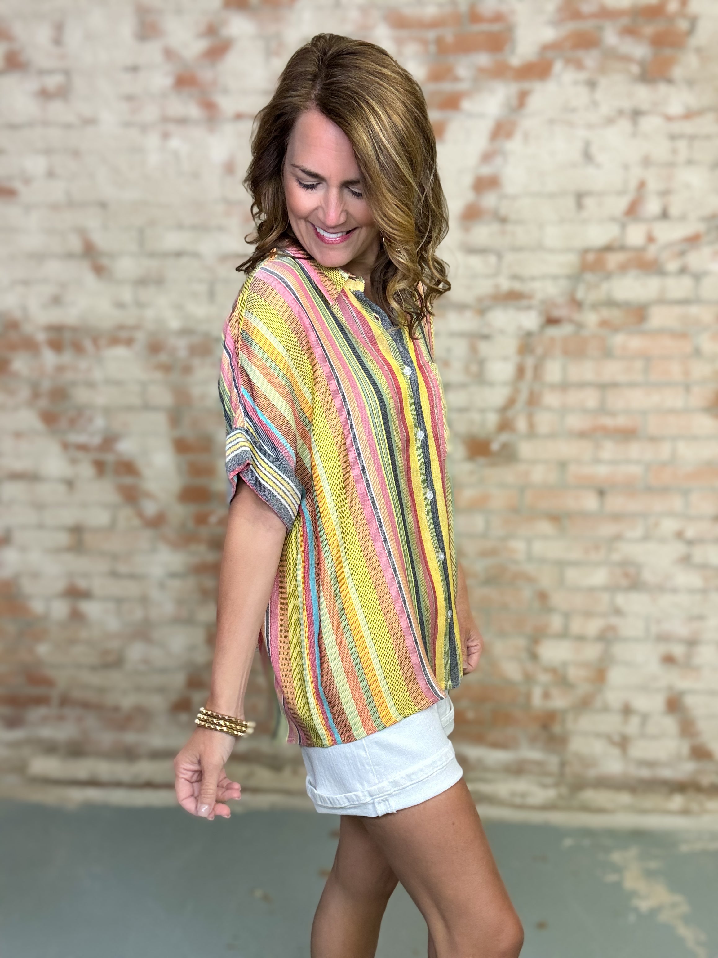Nikki Multi Stripe Button Down Top