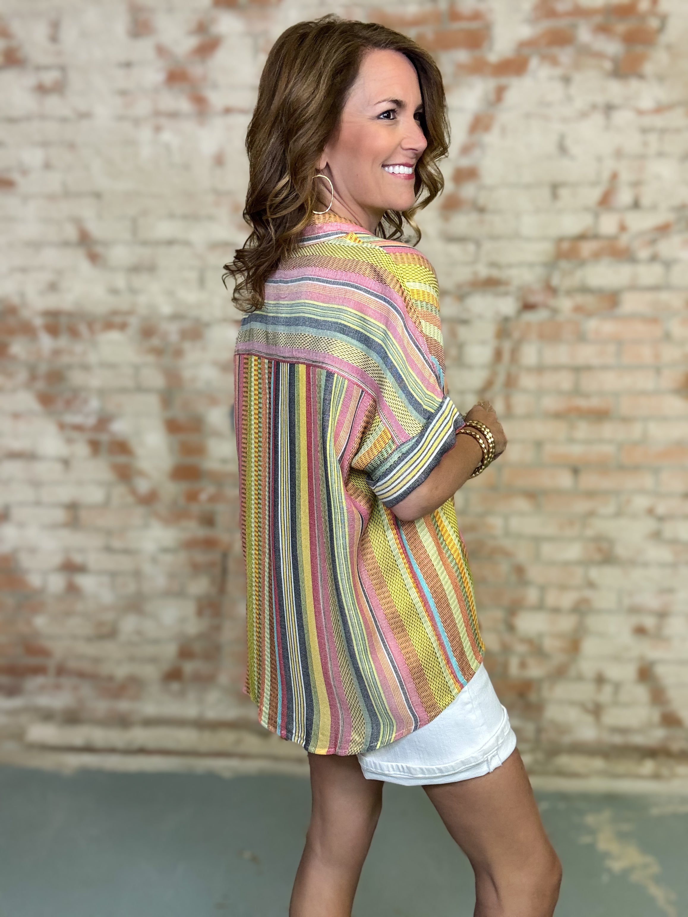 Nikki Multi Stripe Button Down Top