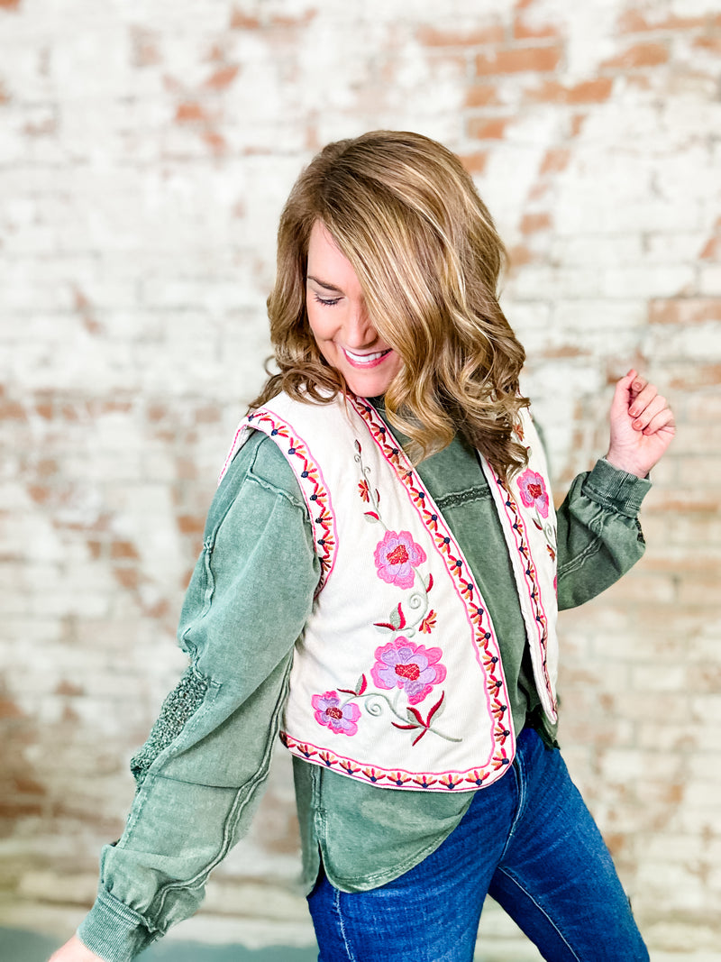 Marisol Corduroy Floral Embroidered Vest