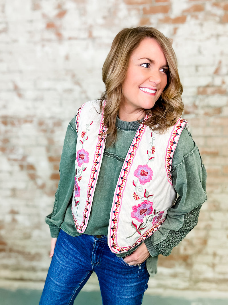 Marisol Corduroy Floral Embroidered Vest