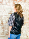 THML Shelton Leather + Plaid Bubble Sleeve Top