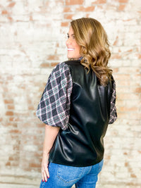 THML Shelton Leather + Plaid Bubble Sleeve Top