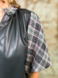 THML Shelton Leather + Plaid Bubble Sleeve Top