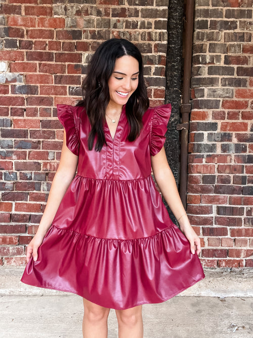 Burgundy Tiered Leather Dress