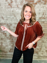 THML Beverly Embroidered Velvet Tie Top