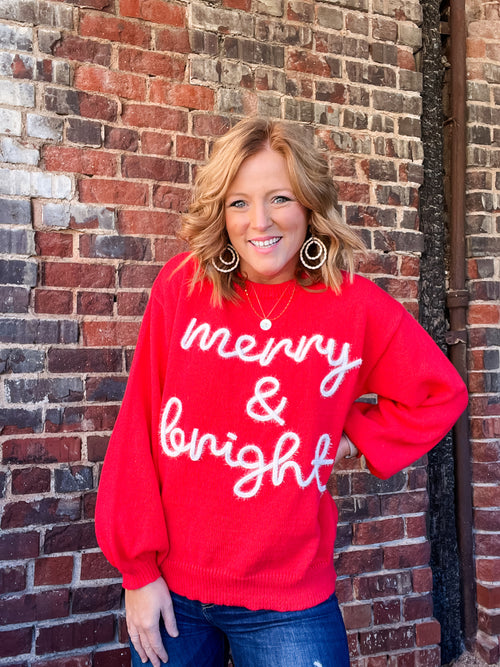 Tinsel Letter Red Merry + Bright Sweater