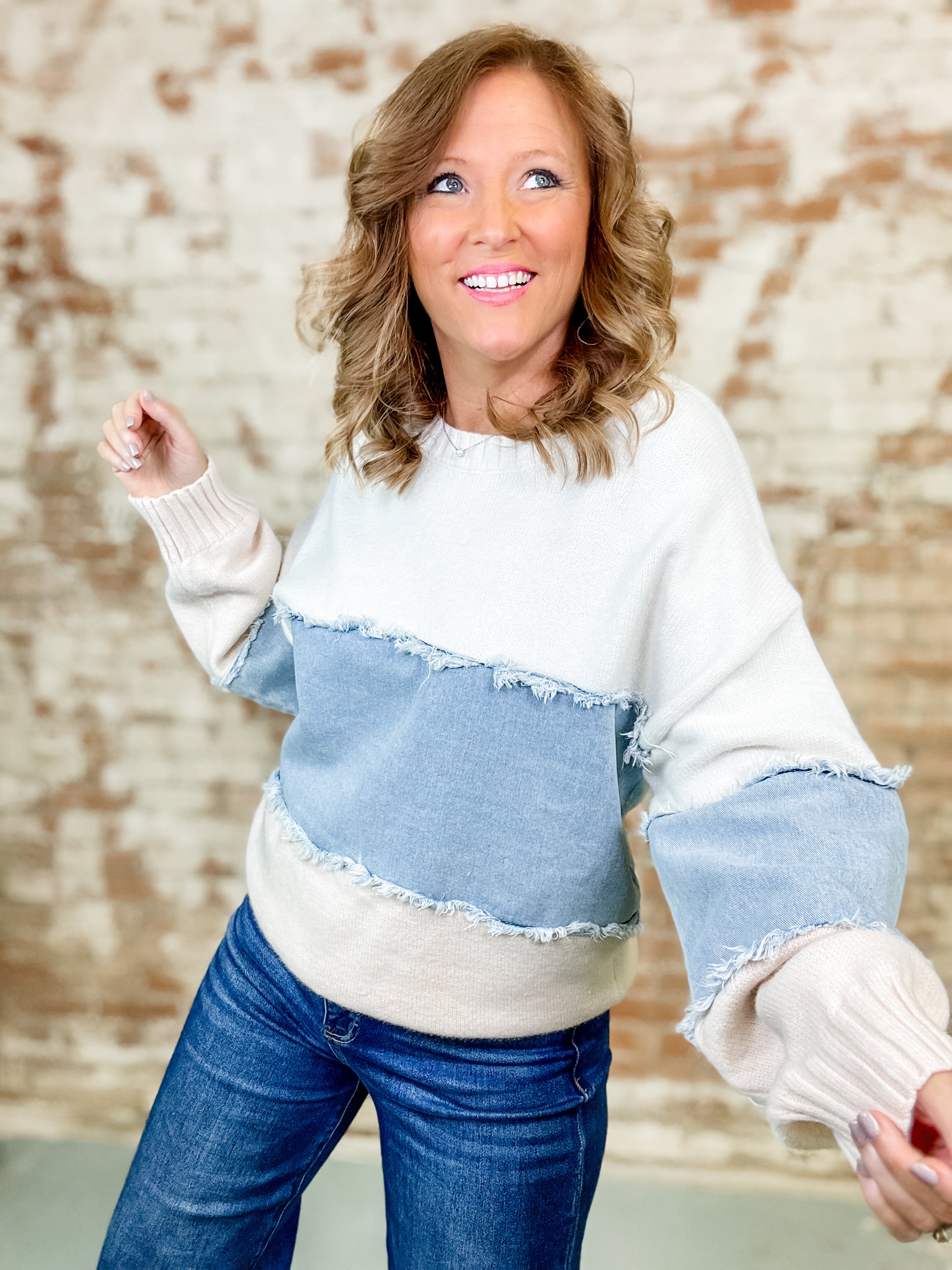 Isbah Color Block Denim Mix Sweater