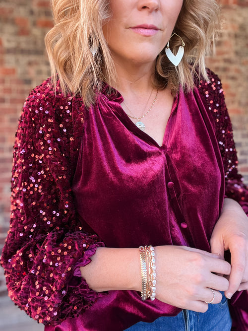Wine Ruffle Split Neck Velvet Top
