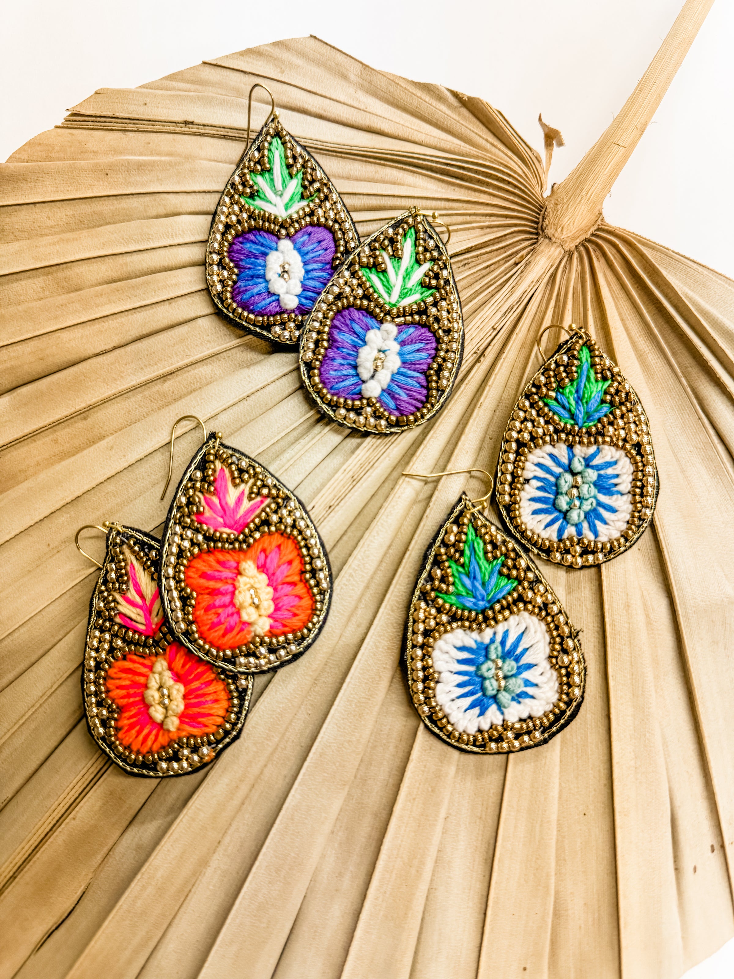 Embroidered Flower Teardrop Earrings