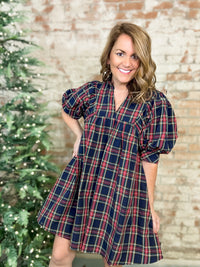 Erika Navy Plaid Puff Sleeve Dress - FINAL SALE