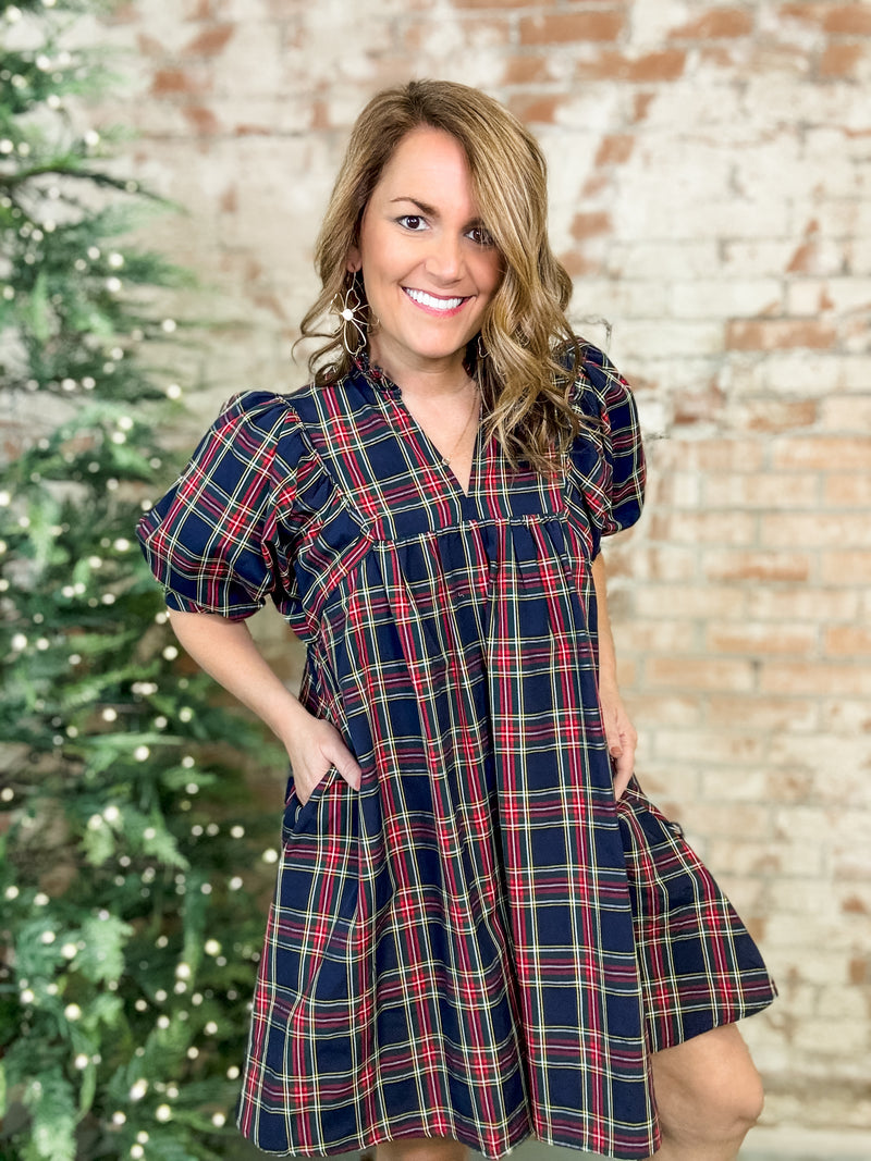 Erika Navy Plaid Puff Sleeve Dress - FINAL SALE