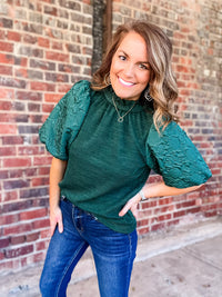 THML Green Textured Puff Sleeve Top