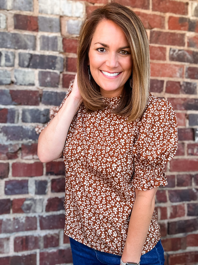 THML Flower Print Smocked Sleeve Top