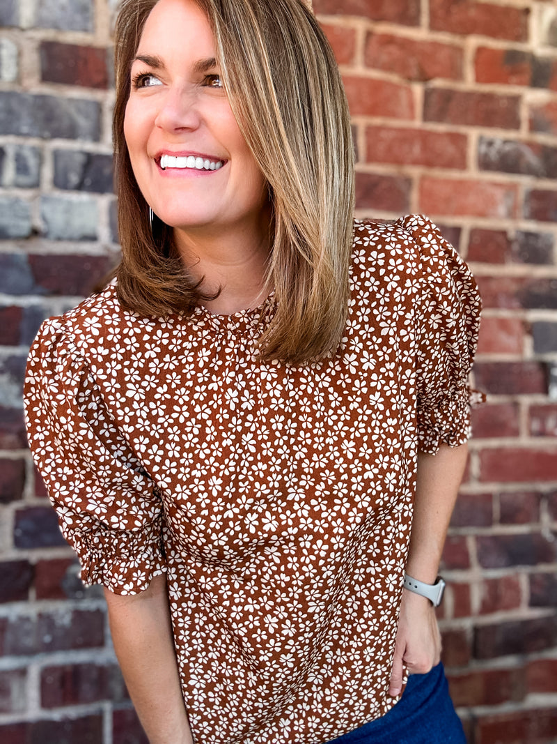 THML Flower Print Smocked Sleeve Top