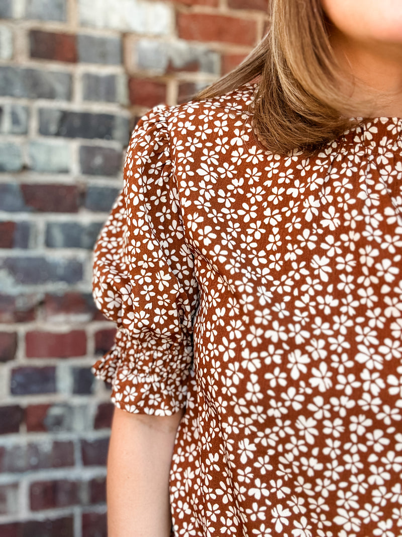 THML Flower Print Smocked Sleeve Top