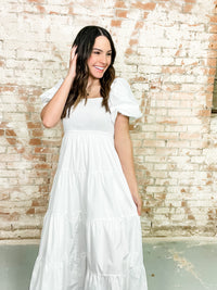Allyson Bubble Sleeve Tiered Midi Dress