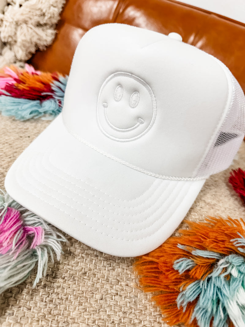 White Smiley Face Trucker Cap