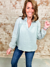 Lacey V-Neck Blouson Sleeve Top