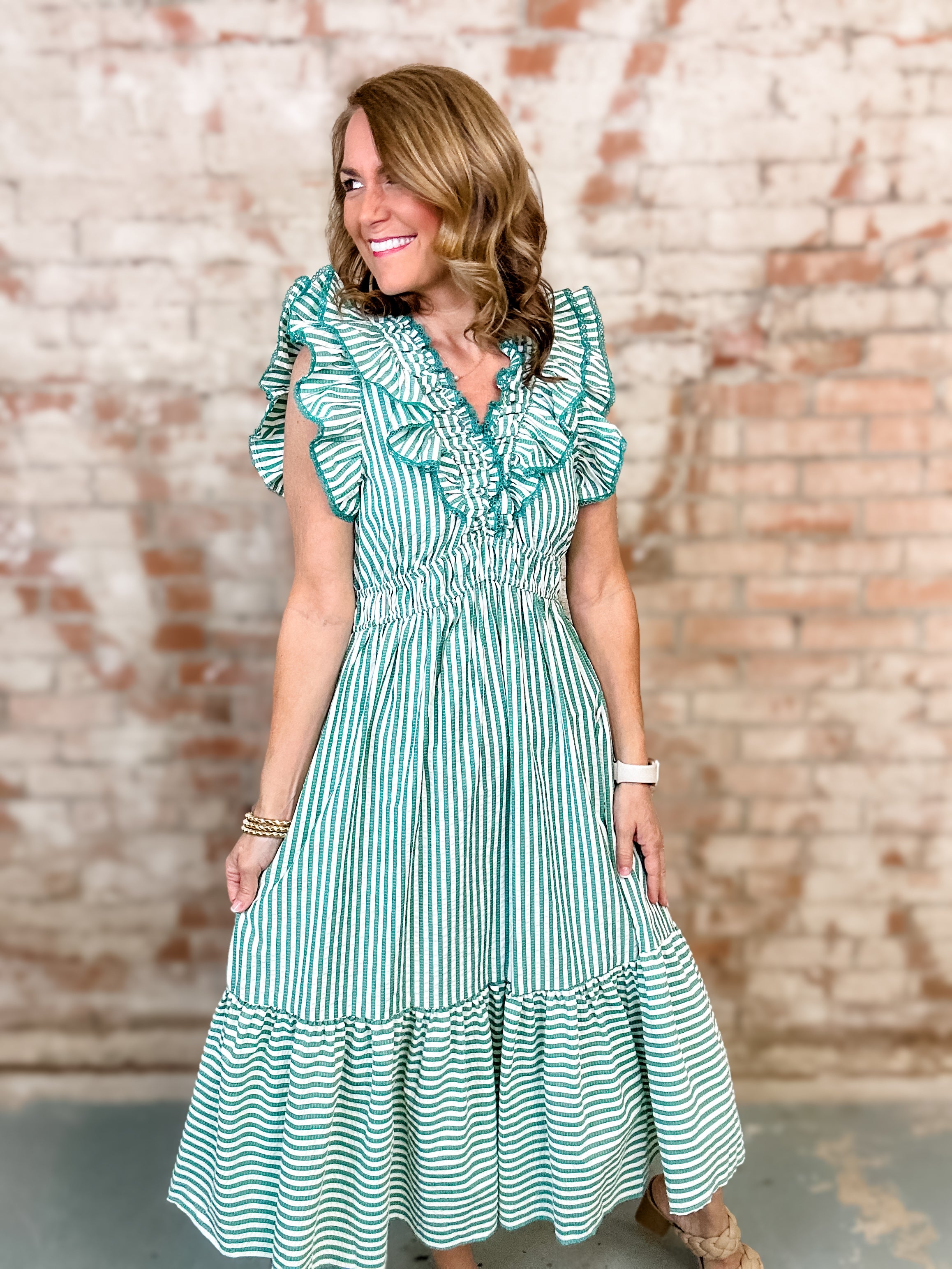Meritta Ruffled Stripe Midi Dress