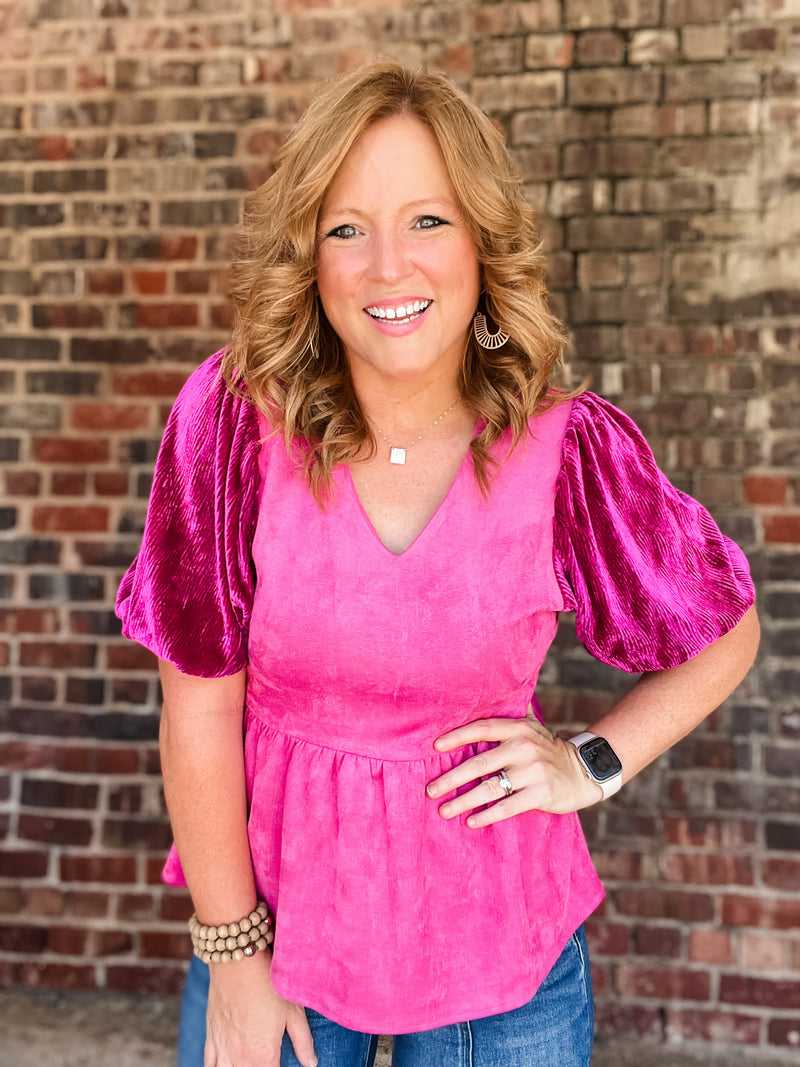 Deep V Puff Sleeve Peplum Top