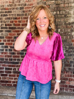 Deep V Puff Sleeve Peplum Top