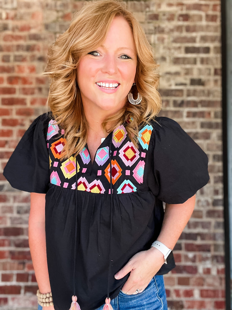 THML Embroidered Yoke Tassel Tie Top