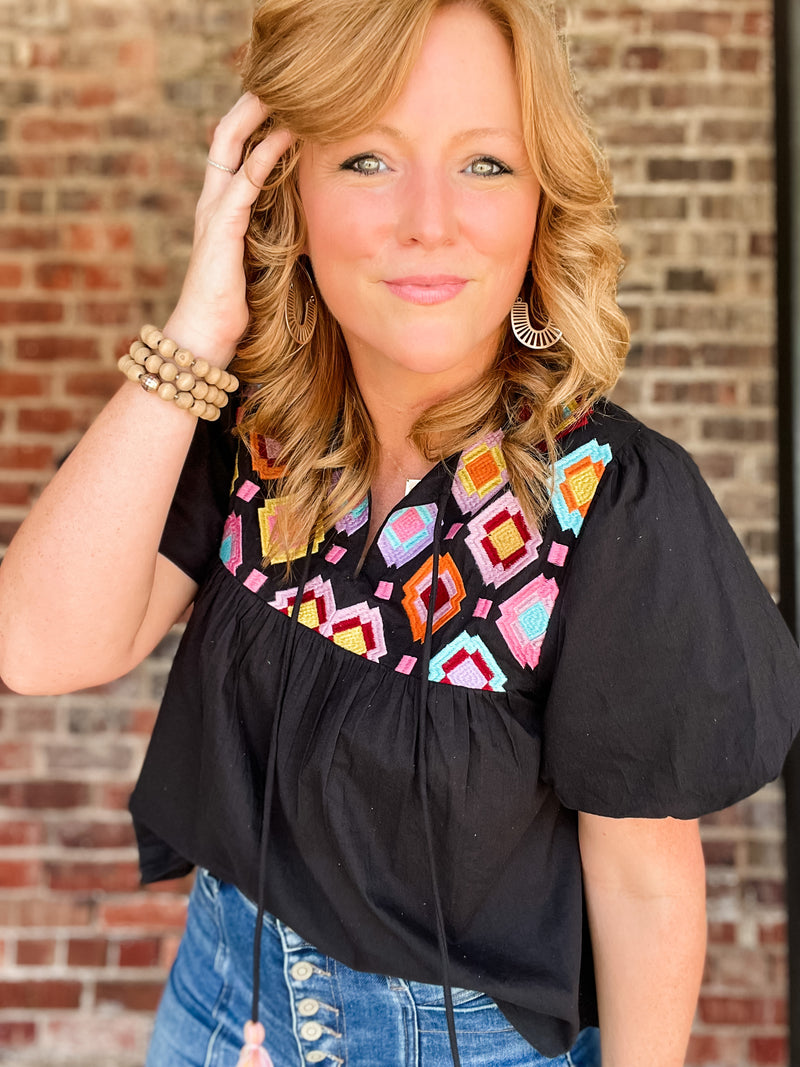 THML Embroidered Yoke Tassel Tie Top