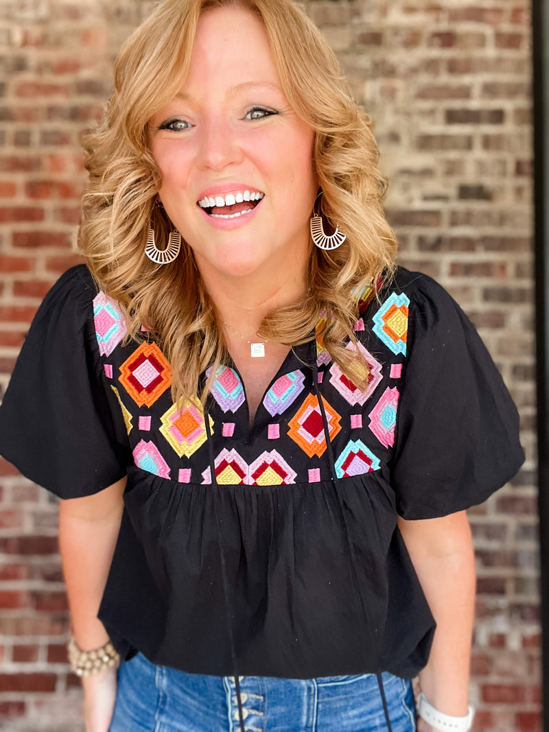 THML Embroidered Yoke Tassel Tie Top