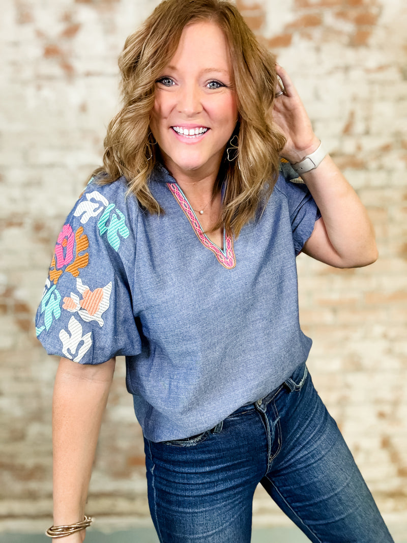 THML Haley Embroidered Sleeve Top